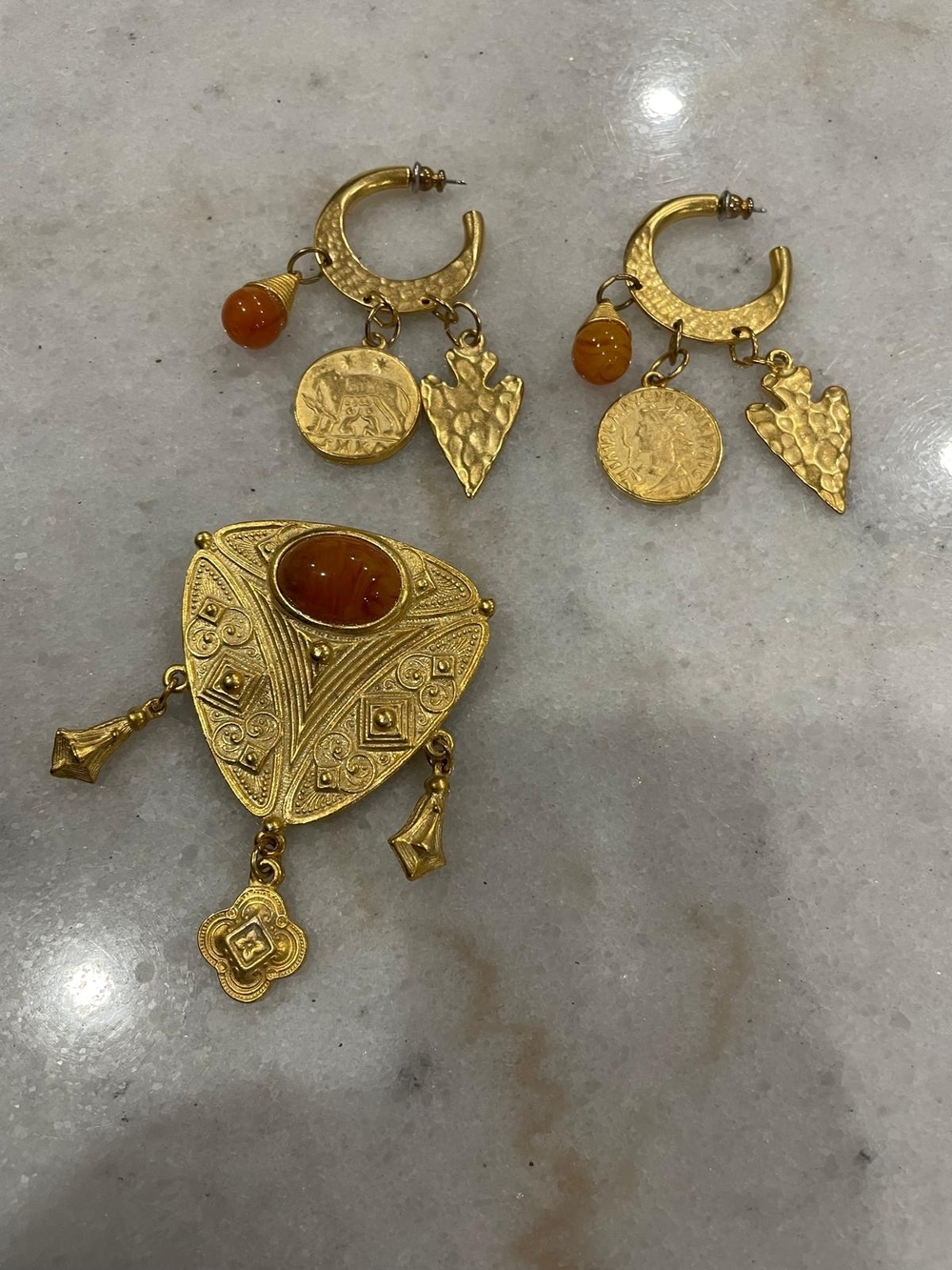 Gold-Tone Carved Brooch and Hoop Earrings Set with Amber Accents